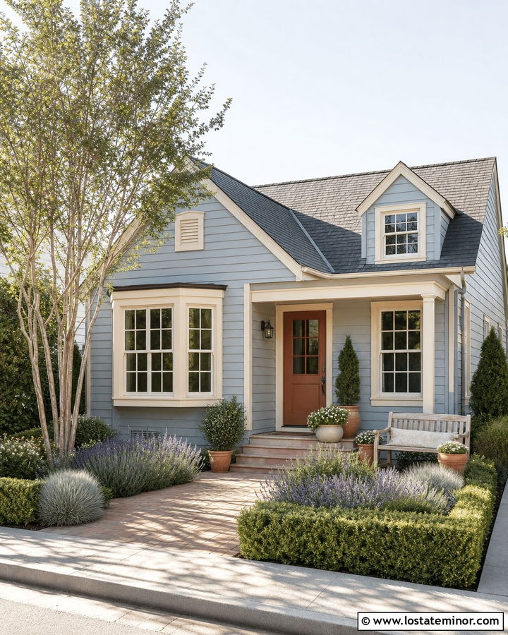 Dusty Blue House With Small Courtyard Front Yard - 30 Dusty Blue House Design With Front Yard Ideas