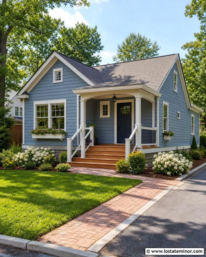 Dusty Blue House With Small Front Deck - 30 Dusty Blue House Design With Deck Ideas