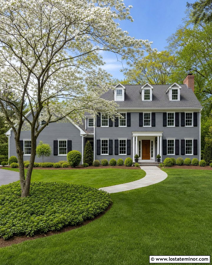 Dusty Blue House With Specimen Tree Front Yard - 30 Dusty Blue House Design With Front Yard Ideas