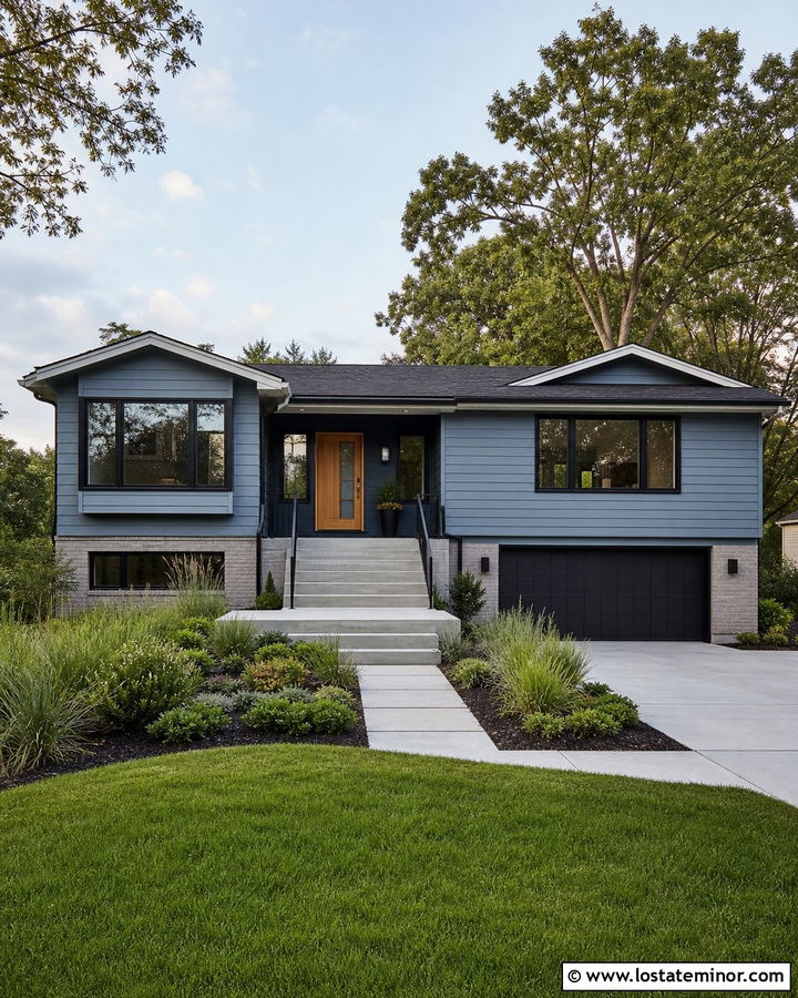 Dusty Blue House With Split Level Entry Steps - 30 Dusty Blue House Design With Steps Ideas