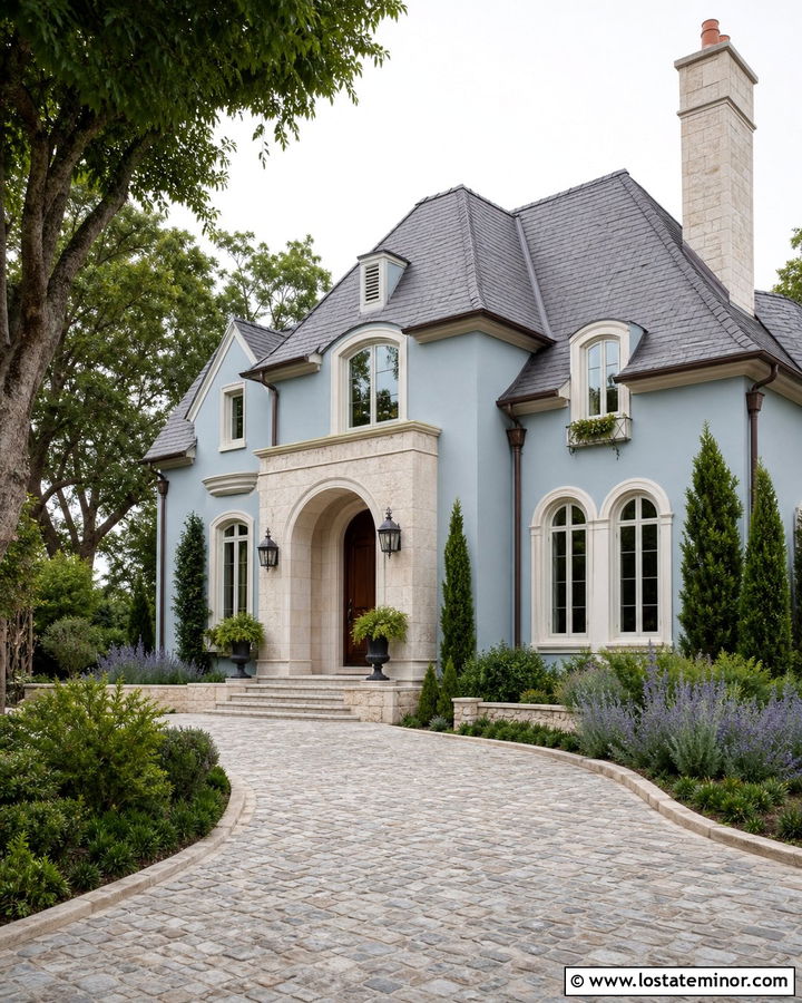 Dusty Blue House With Stone Accents And Cobblestone Driveway - 30 Dusty Blue House Design With Driveway Ideas