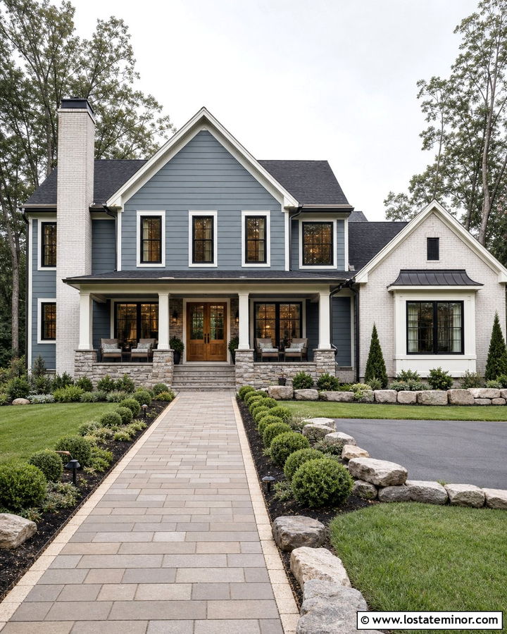 Dusty Blue House With Stone And Brick - 30 Dusty Blue House Design With Stone Accents Ideas