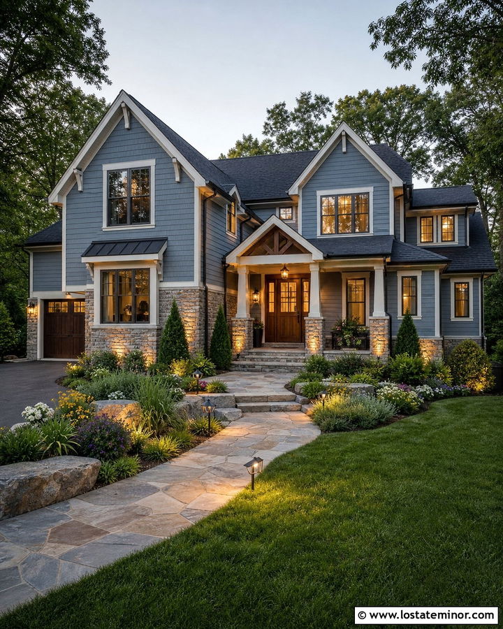 Dusty Blue House With Stone And Landscape Lights - 30 Dusty Blue House Design With Lighting Ideas
