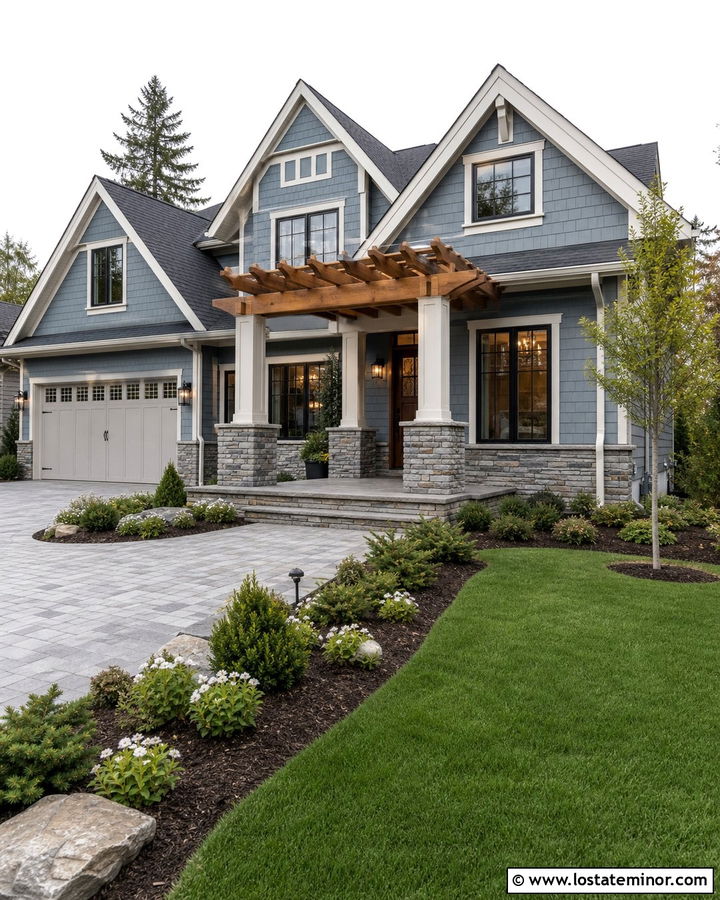 Dusty Blue House With Stone And Pergola - 30 Dusty Blue House Design With Pergola Ideas