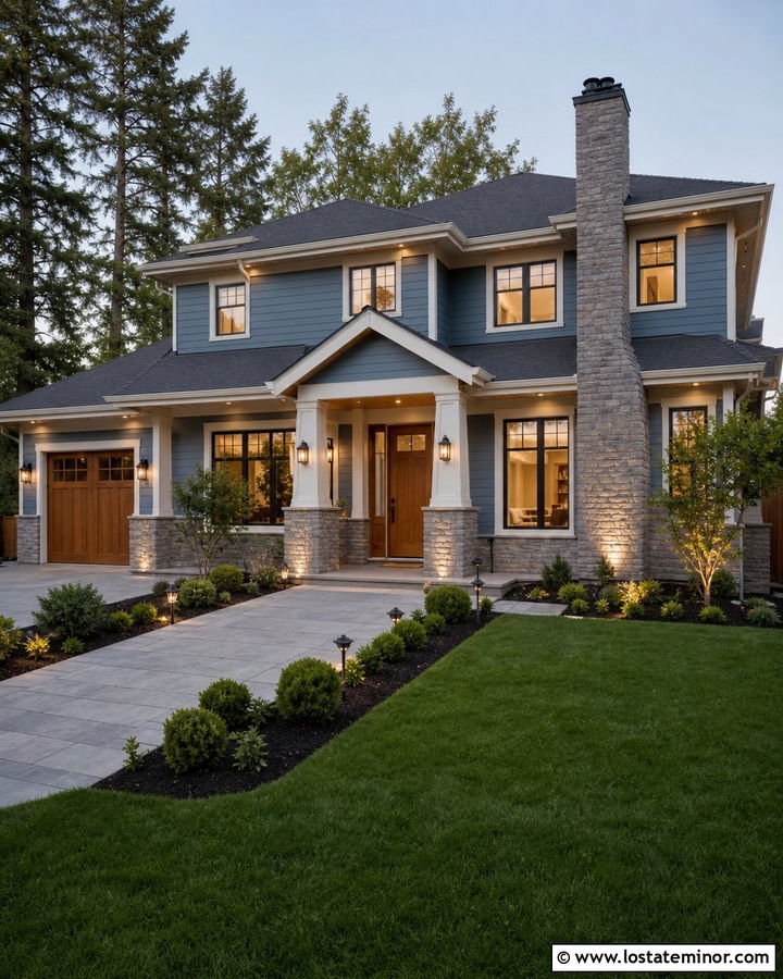 Dusty Blue House With Stone And Uplights - 30 Dusty Blue House Design With Light Fixtures Ideas