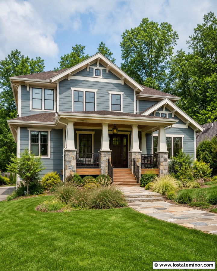 Dusty Blue House With Stone Deck Columns - 30 Dusty Blue House Design With Deck Ideas