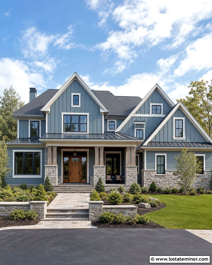 Dusty Blue House With Stone Gables - 30 Dusty Blue House Design With Gables Ideas