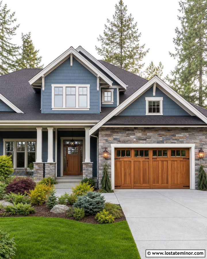 Dusty Blue House With Stone Garage Surround - 30 Dusty Blue House Design With Garage Door Ideas