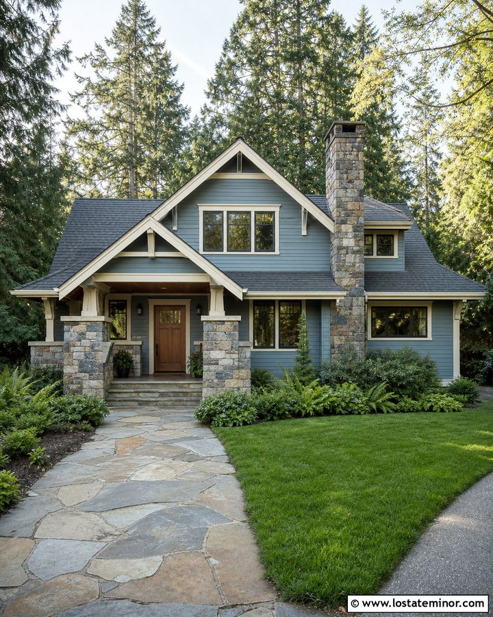 Dusty Blue House With Stone Porch And Evergreen Front Yard - 30 Dusty Blue House Design With Front Yard Ideas