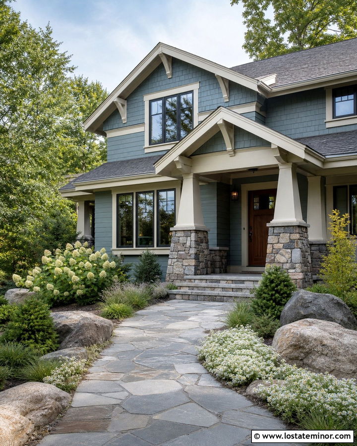Dusty Blue House With Stone Porch - 30 Dusty Blue House Design With Landscaping Ideas