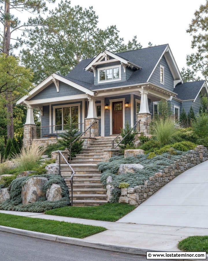 Dusty Blue House With Stone Retaining Wall Steps - 30 Dusty Blue House Design With Steps Ideas