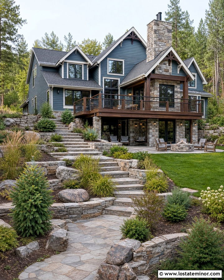 Dusty Blue House With Stone Retaining Walls - 30 Dusty Blue House Design With Backyard Ideas
