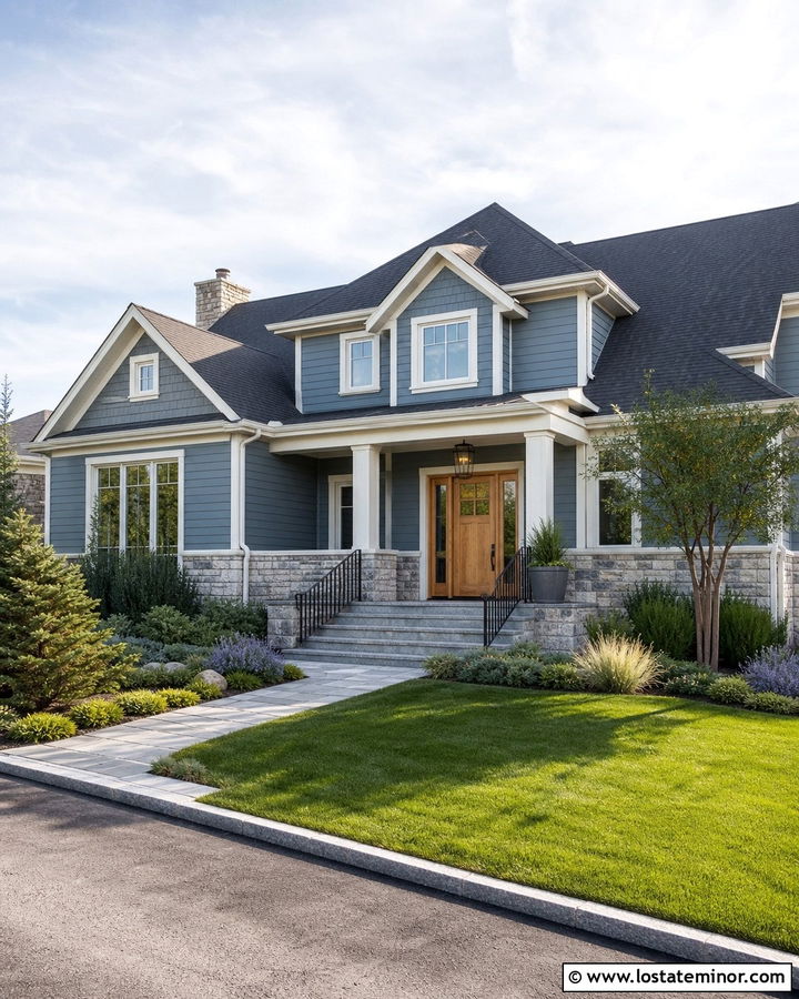 Dusty Blue House With Stone Steps And Railings - 30 Dusty Blue House Design With Railings Ideas