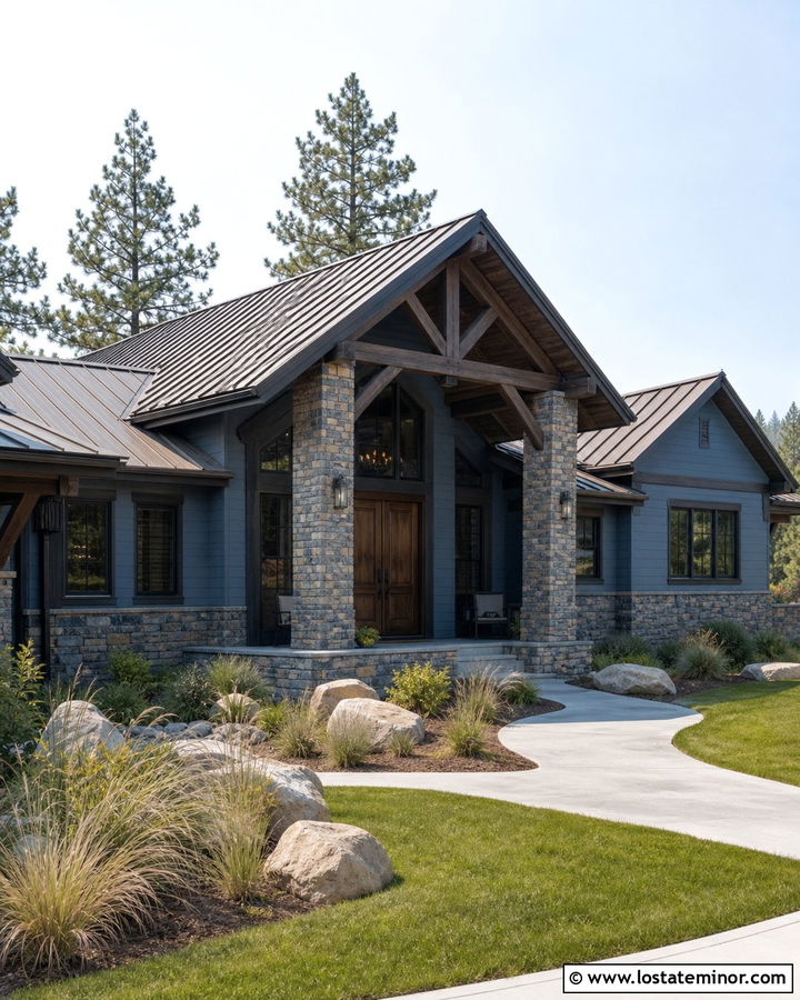 Dusty Blue House With Stone Wrapped Porch Columns - 30 Dusty Blue House Design With Porch Columns Ideas
