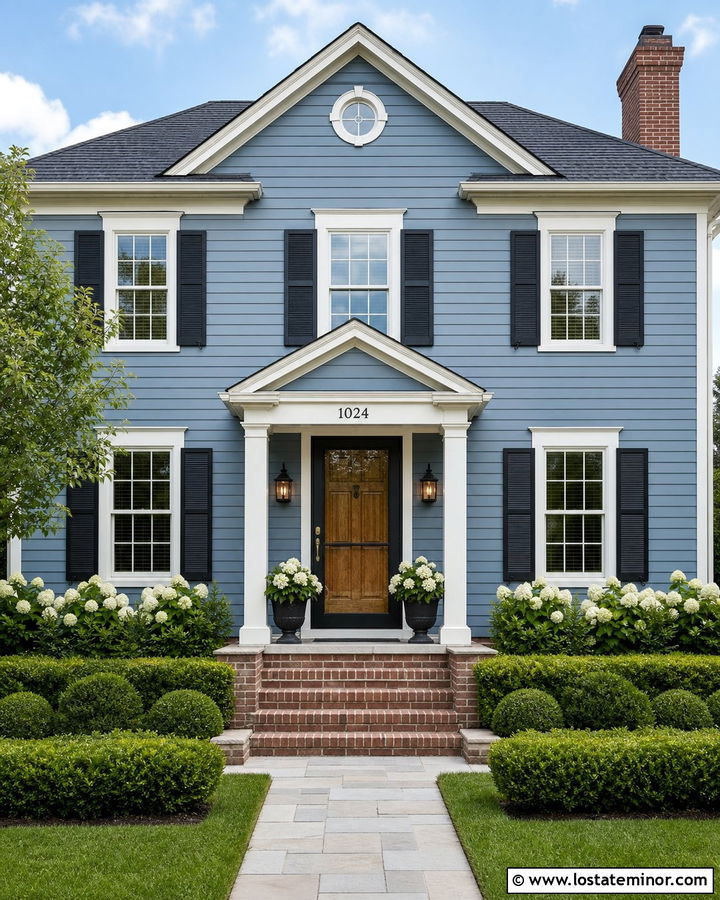 Dusty Blue House With Storm Door And Black Shutters - 30 Dusty Blue House Design With Storm Door Ideas