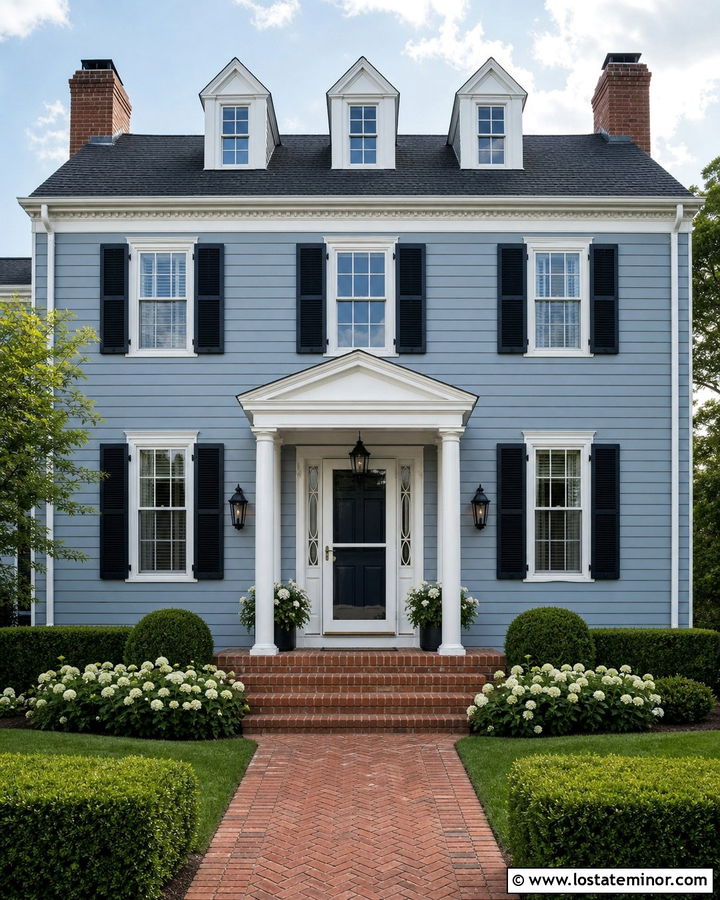 Dusty Blue House With Storm Door And Brick Porch - 30 Dusty Blue House Design With Storm Door Ideas