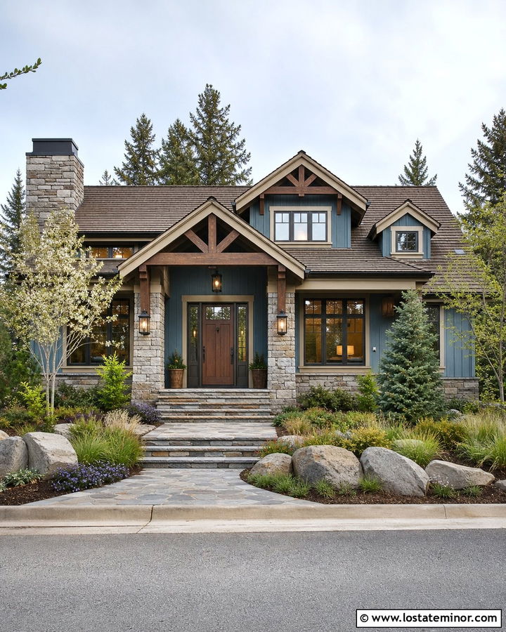 Dusty Blue House With Storm Door And Stone Accents - 30 Dusty Blue House Design With Storm Door Ideas