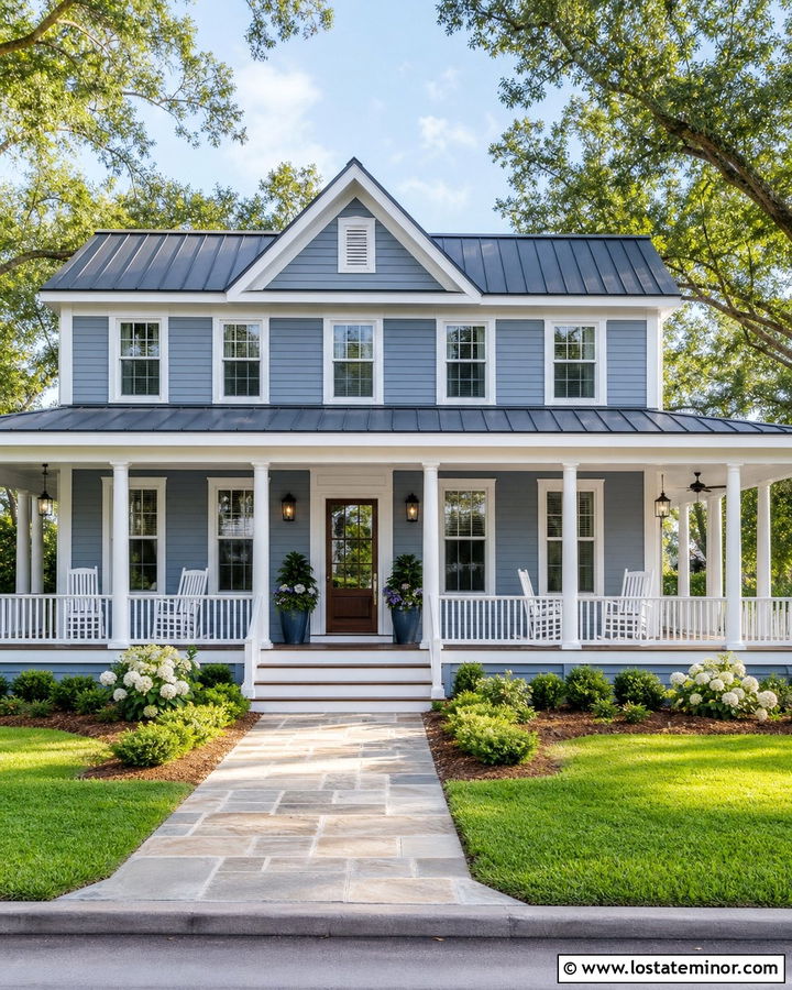 Dusty Blue House With Storm Door And Wraparound Porch - 30 Dusty Blue House Design With Storm Door Ideas