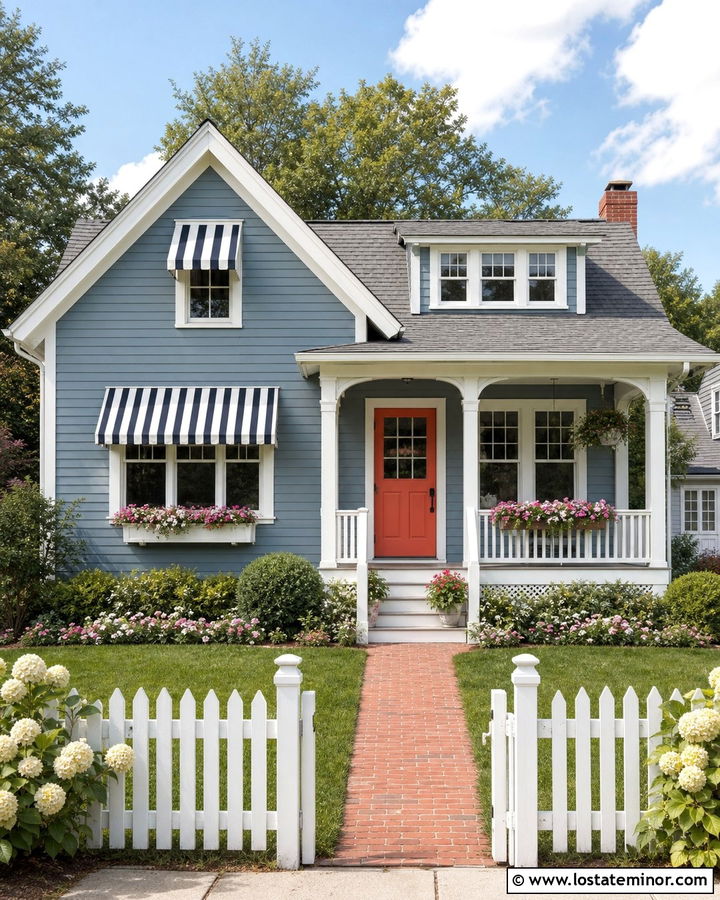 Dusty Blue House With Striped Fabric Awning - 30 Dusty Blue House Design With Awning Ideas
