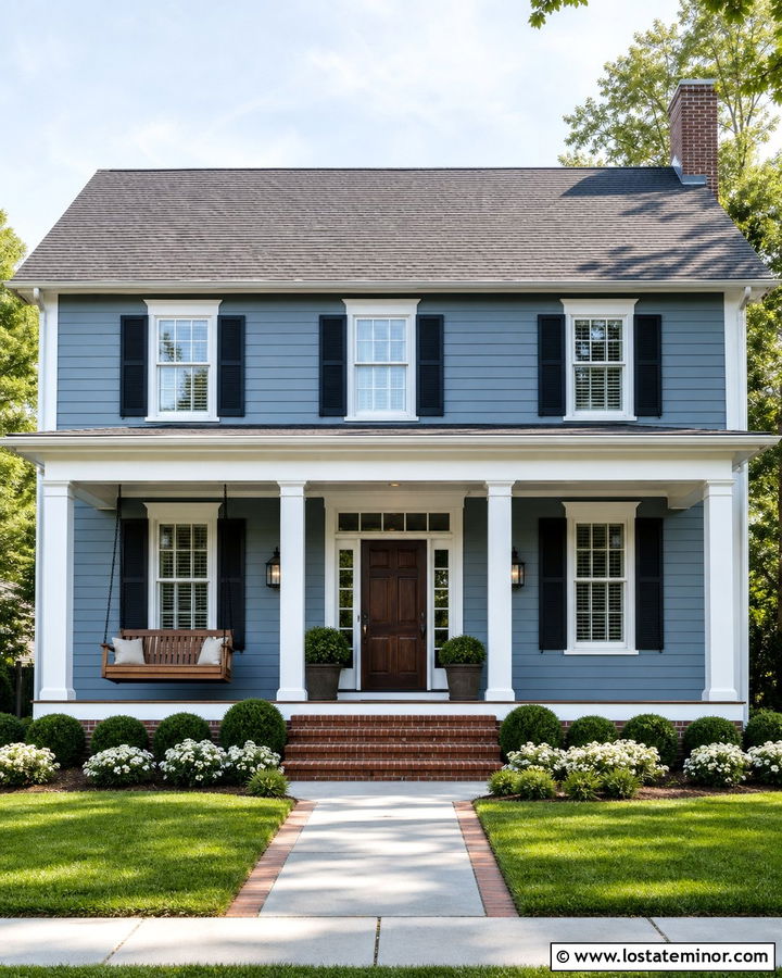 Dusty Blue House With Swing And Black Shutters - 30 Dusty Blue House Design With Swing Ideas