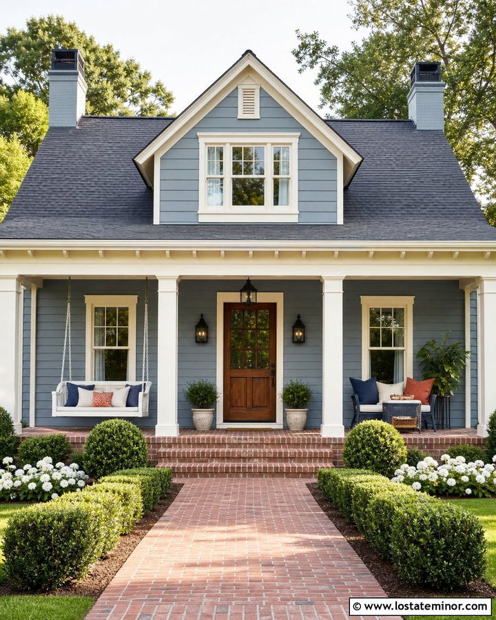 Dusty Blue House With Swing And Brick Porch - 30 Dusty Blue House Design With Swing Ideas