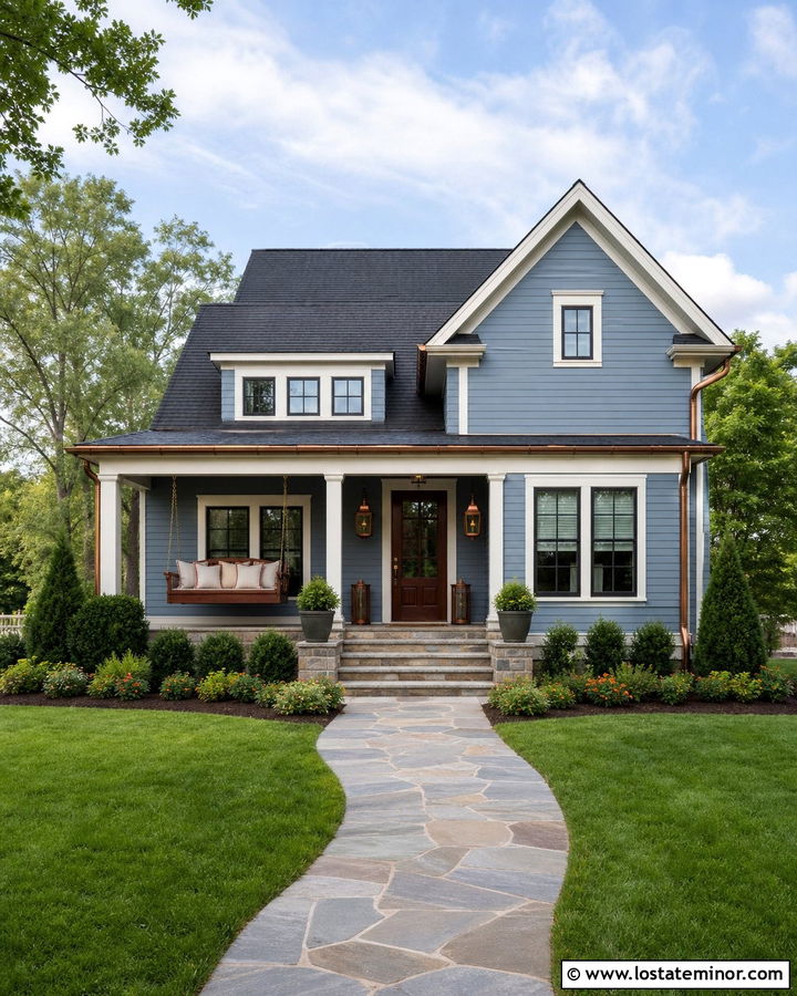 Dusty Blue House With Swing And Copper Accents - 30 Dusty Blue House Design With Swing Ideas