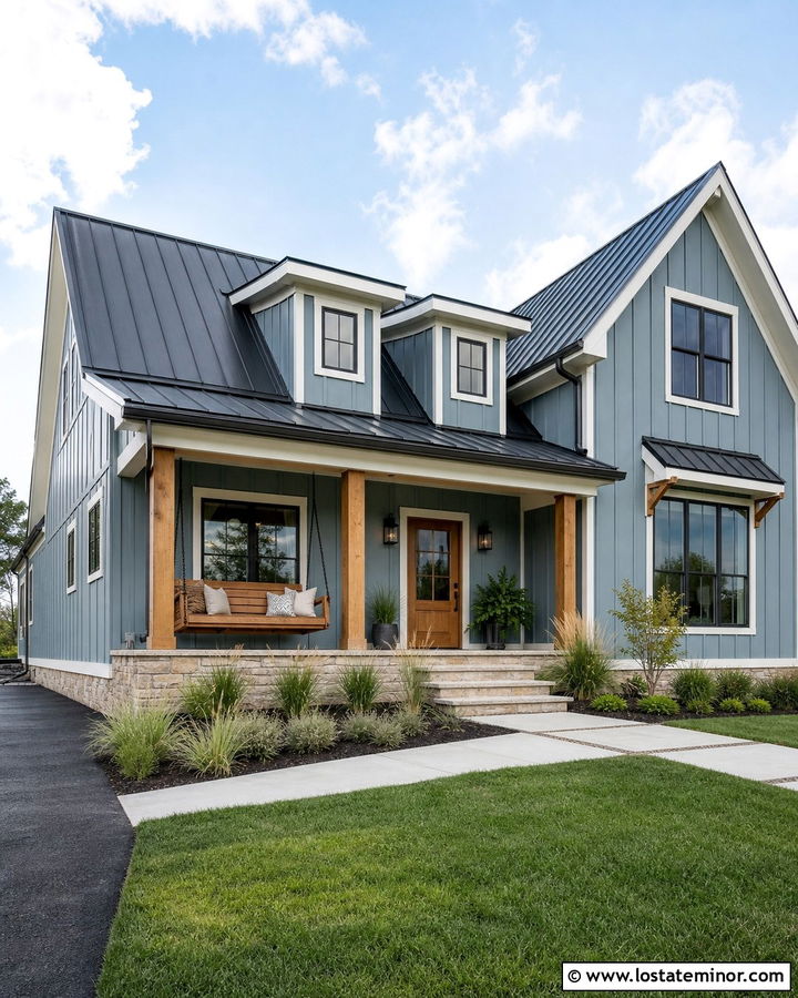 Dusty Blue House With Swing And Metal Roof - 30 Dusty Blue House Design With Swing Ideas