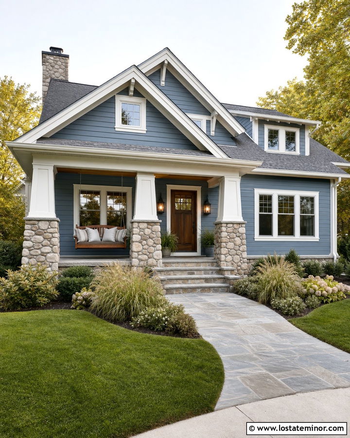 Dusty Blue House With Swing And Stone Columns - 30 Dusty Blue House Design With Swing Ideas