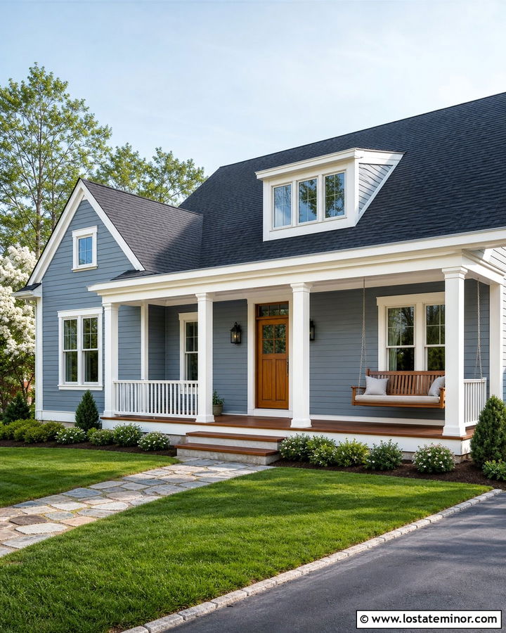 Dusty Blue House With Swing And White Railings - 30 Dusty Blue House Design With Swing Ideas