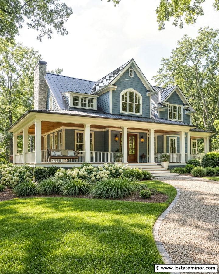 Dusty Blue House With Swing And Wraparound Porch - 30 Dusty Blue House Design With Swing Ideas
