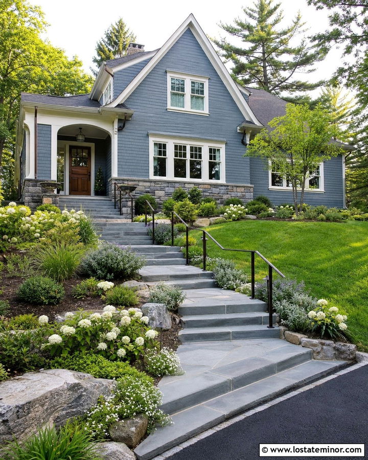 Dusty Blue House With Tiered Garden Steps - 30 Dusty Blue House Design With Steps Ideas
