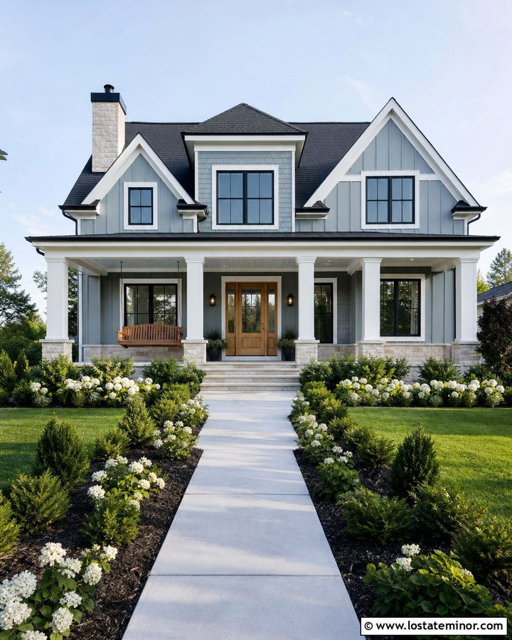 Dusty Blue House With Tongue And Groove Porch Ceiling - 30 Dusty Blue House Design With Porch Ceiling Ideas