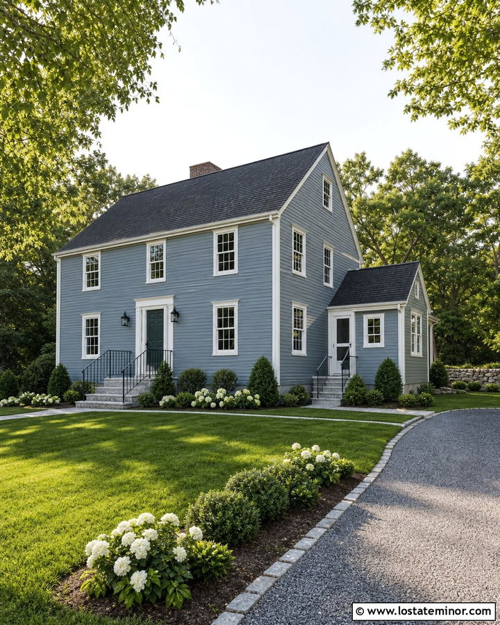 Dusty Blue House With Traditional Granite Steps - 30 Dusty Blue House Design With Steps Ideas