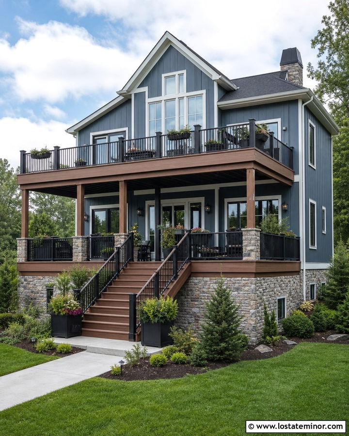 Dusty Blue House With Two Level Deck - 30 Dusty Blue House Design With Deck Ideas