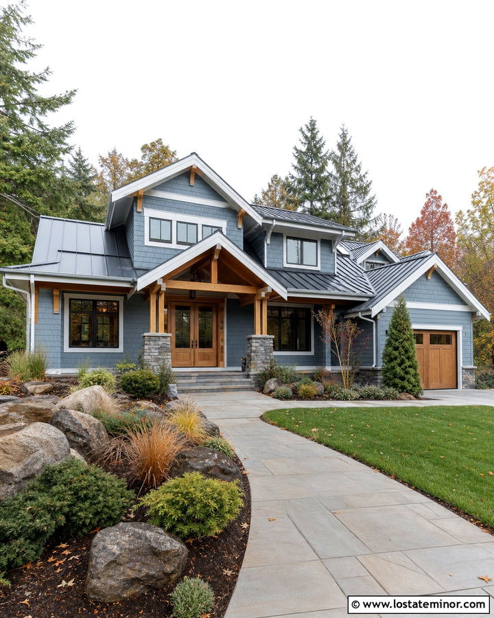 Dusty Blue House With Vaulted Wood Porch Ceiling - 30 Dusty Blue House Design With Porch Ceiling Ideas