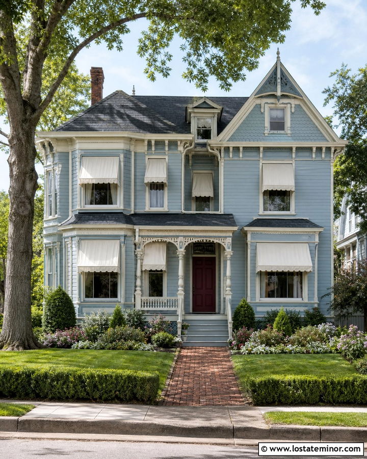 Dusty Blue House With Victorian Window Awnings - 30 Dusty Blue House Design With Awning Ideas
