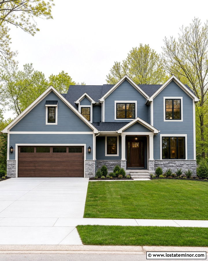 Dusty Blue House With Walnut Garage Door - 30 Dusty Blue House Design With Garage Door Ideas
