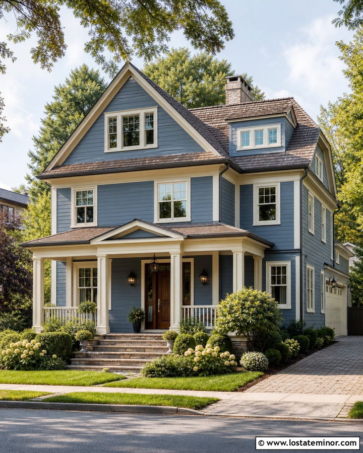Dusty Blue House With Warm White Trim - 30 Dusty Blue House Design With Trim Ideas