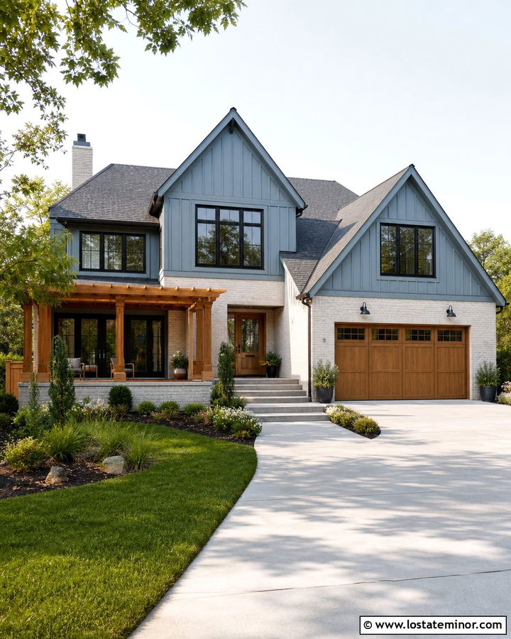 Dusty Blue House With White Brick And Pergola - 30 Dusty Blue House Design With Pergola Ideas