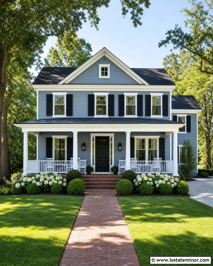 Dusty Blue House With White Columns And Black Shutters - 30 Dusty Blue House Design With Porch Columns Ideas