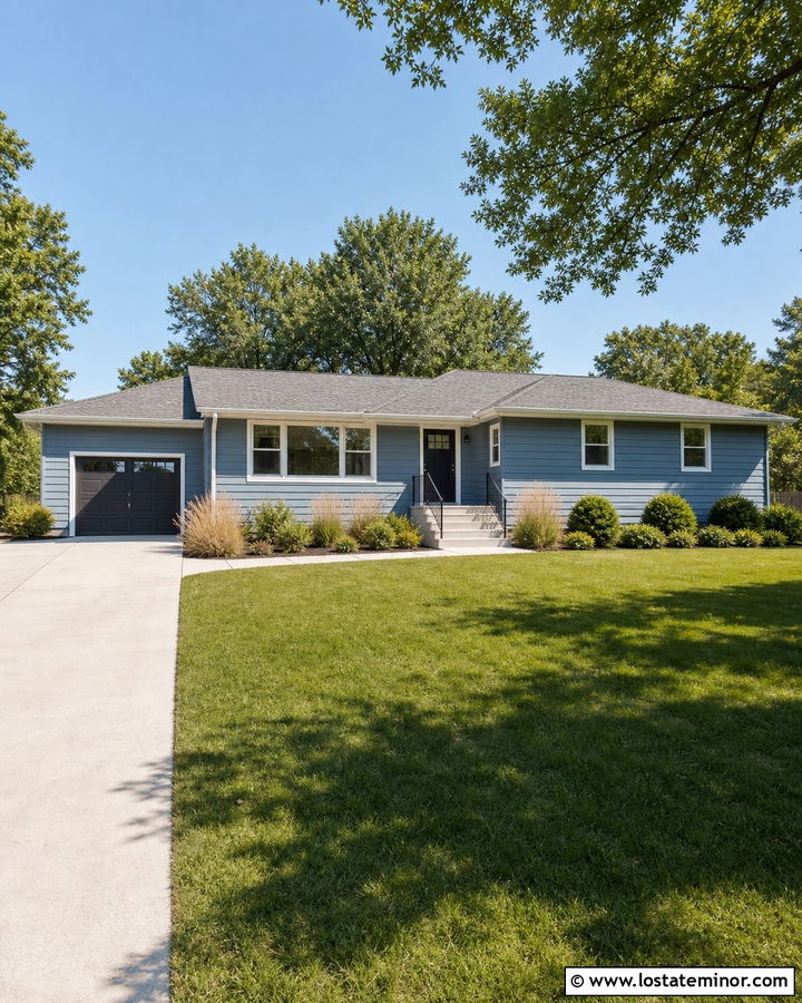 Dusty Blue House With White Concrete Steps - 30 Dusty Blue House Design With Steps Ideas