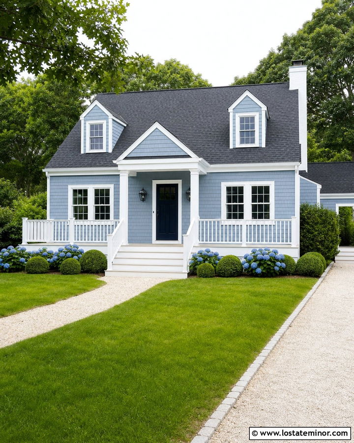 Dusty Blue House With White Deck - 30 Dusty Blue House Design With Deck Ideas