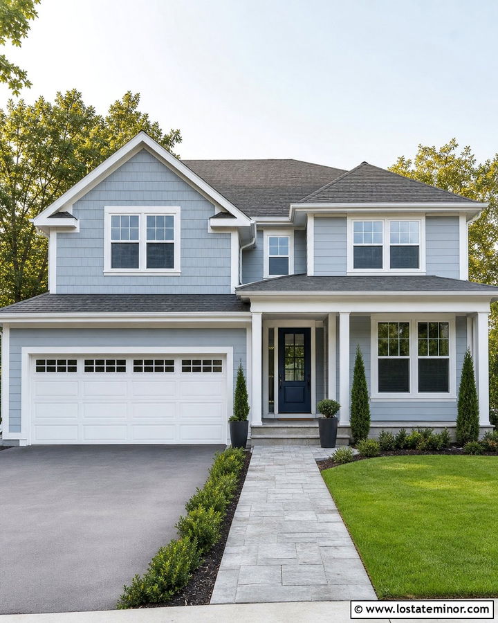 Dusty Blue House With White Double Garage Door - 30 Dusty Blue House Design With Garage Door Ideas