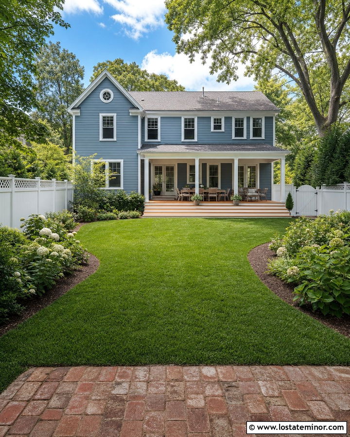 Dusty Blue House With White Fence And Lawn - 30 Dusty Blue House Design With Backyard Ideas