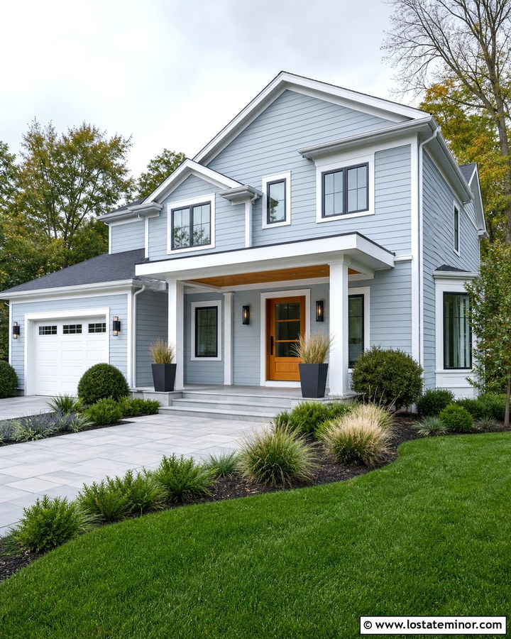 Dusty Blue House With White Flat Roof Portico - 30 Dusty Blue House Design With Portico Ideas