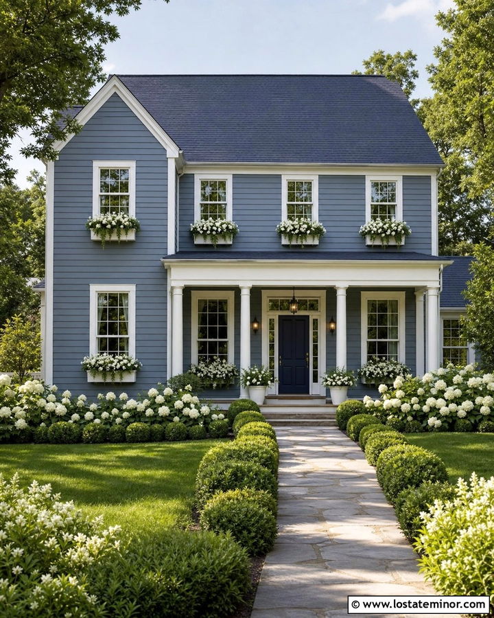 Dusty Blue House With White Flower Window Boxes - 30 Dusty Blue House Design With Window Boxes Ideas