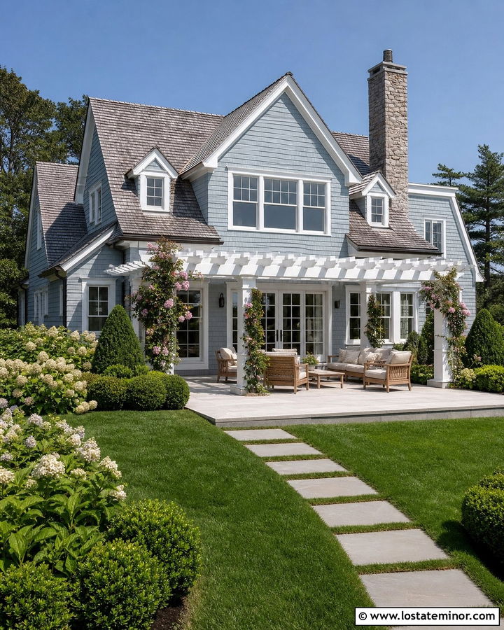 Dusty Blue House With White Pergola Patio - 30 Dusty Blue House Design With Backyard Ideas