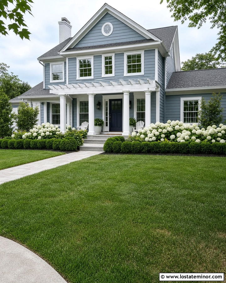 Dusty Blue House With White Pergola - 30 Dusty Blue House Design With Pergola Ideas