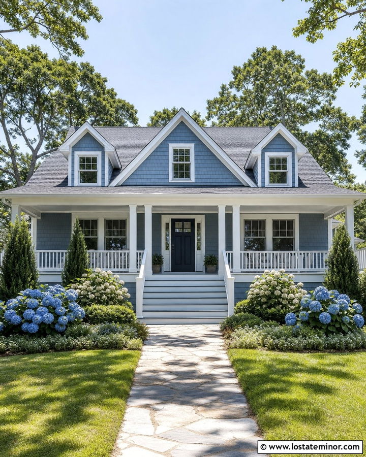 Dusty Blue House With White Porch Railings - 30 Dusty Blue House Design With Steps Ideas