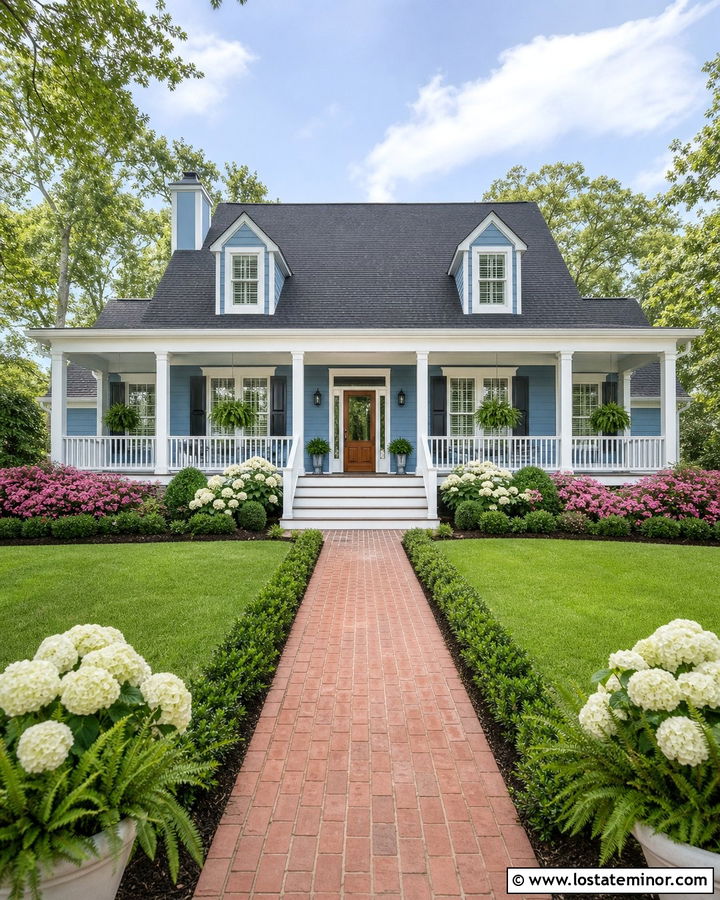 Dusty Blue House With White Porch - 30 Dusty Blue House Design With Landscaping Ideas